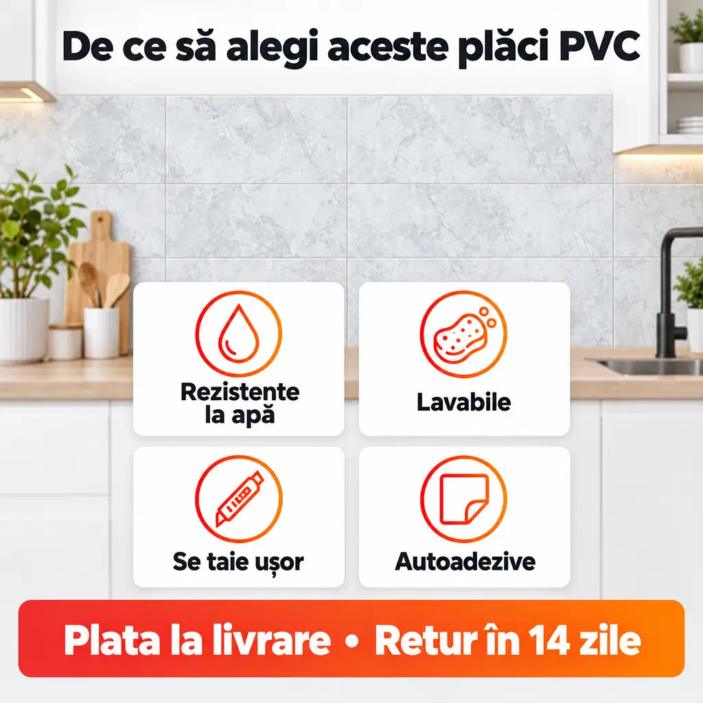 Avantaje plăci PVC: rezistente la apă, lavabile, se taie ușor, autoadezive