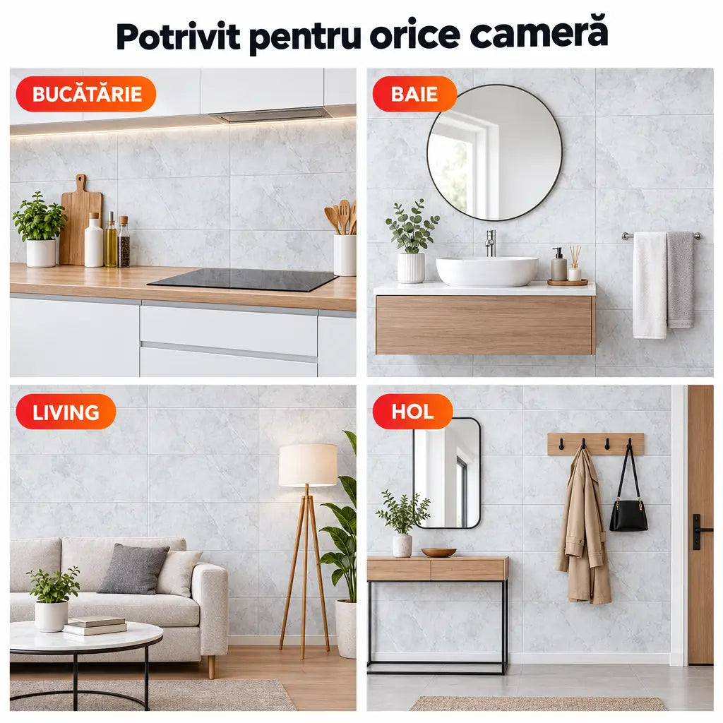Plăci PVC imitație marmură potrivite pentru bucătărie, baie, living și hol