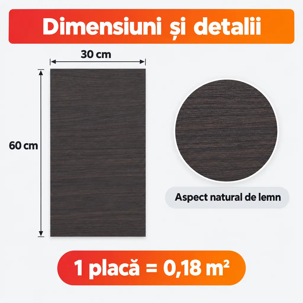 Dimensiuni placă PVC PM005: 30x60 cm, 0,18 m²