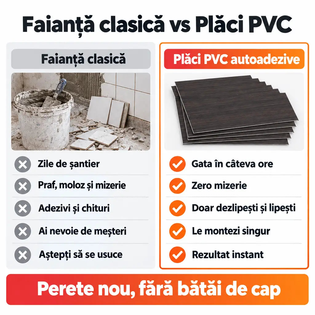 Faianță clasică vs plăci PVC autoadezive
