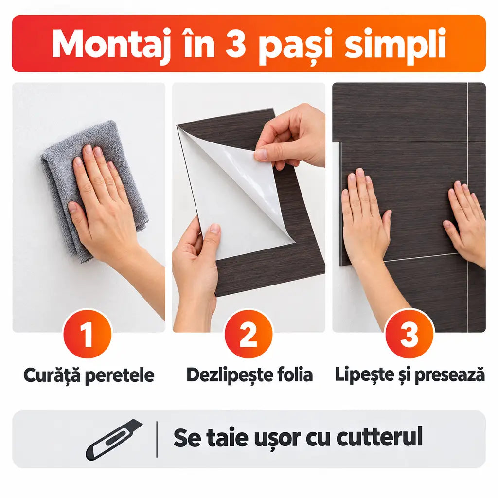 Montaj plăci PVC autoadezive în 3 pași simpli