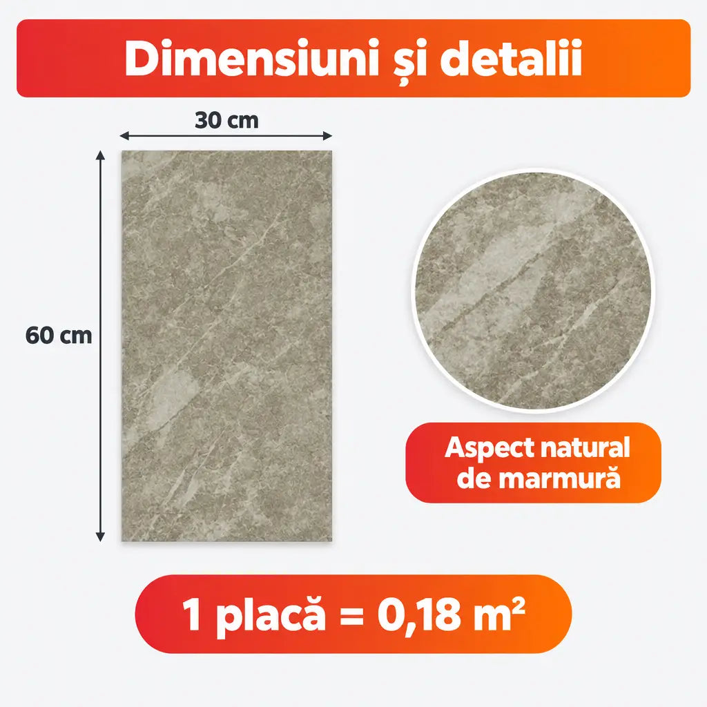 Dimensiuni placă PVC MC01: 30x60 cm, 0,18 m²