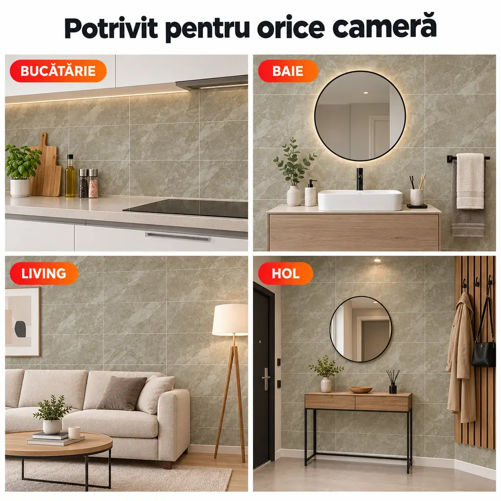Plăci PVC imitație marmură potrivite pentru bucătărie, baie, living și hol