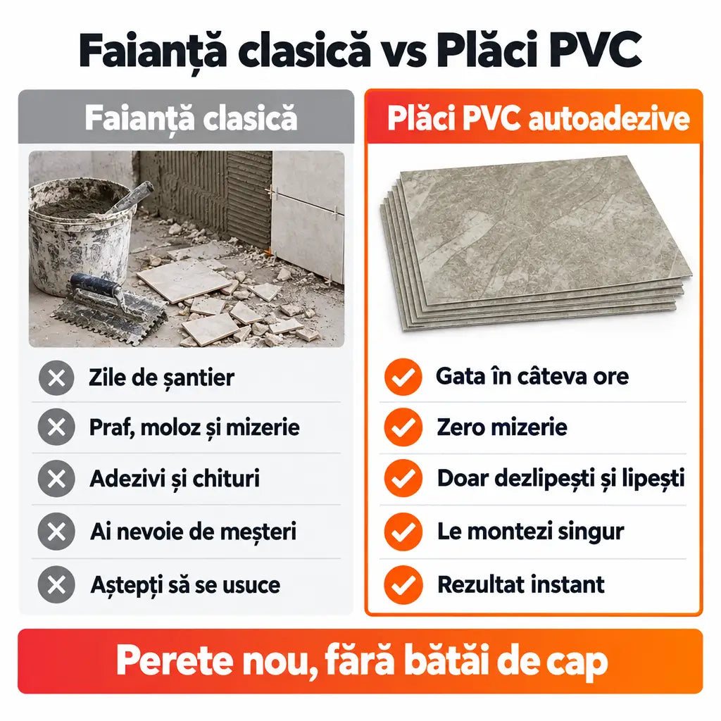Faianță clasică vs plăci PVC autoadezive