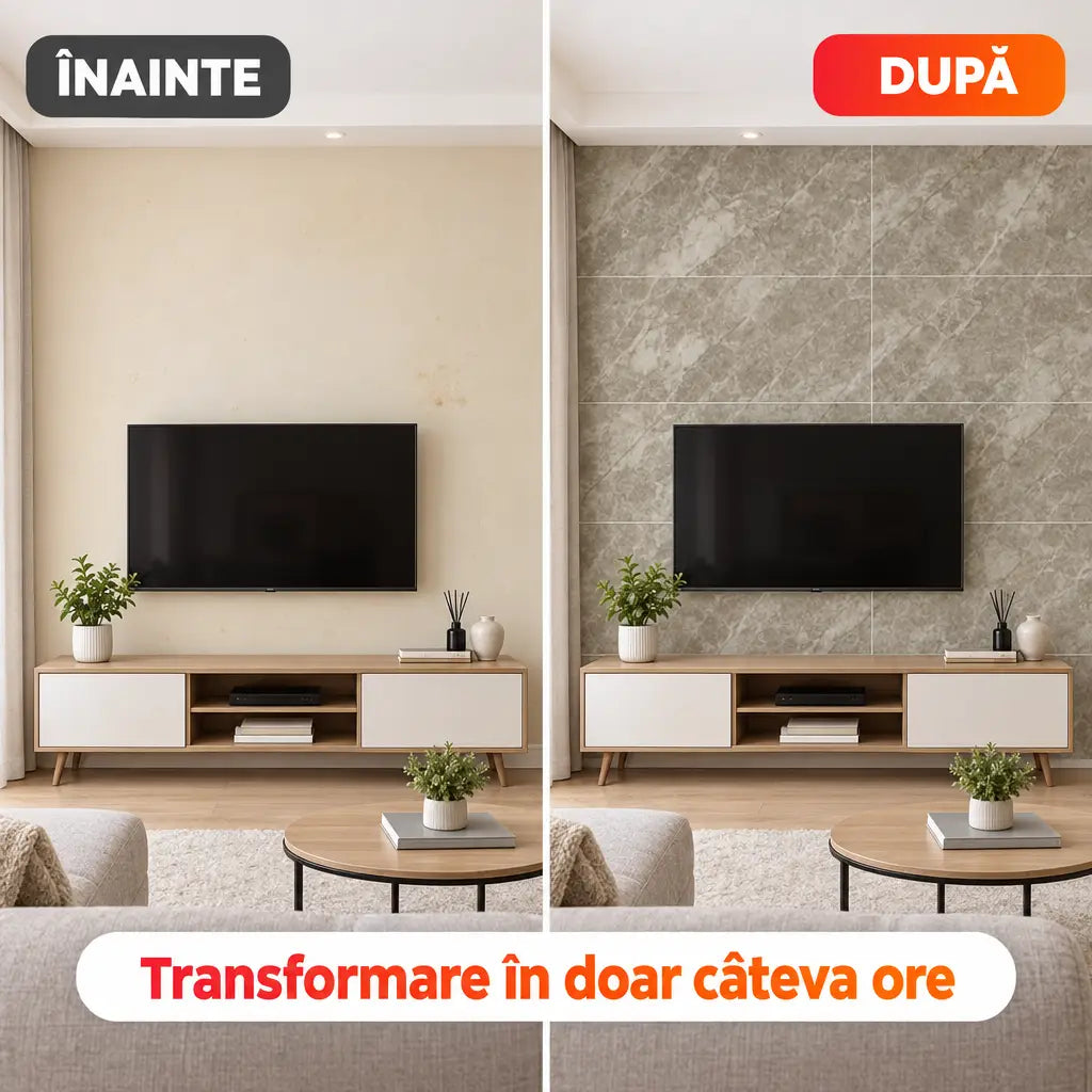 Înainte și după montajul plăcilor PVC imitație marmură MC01