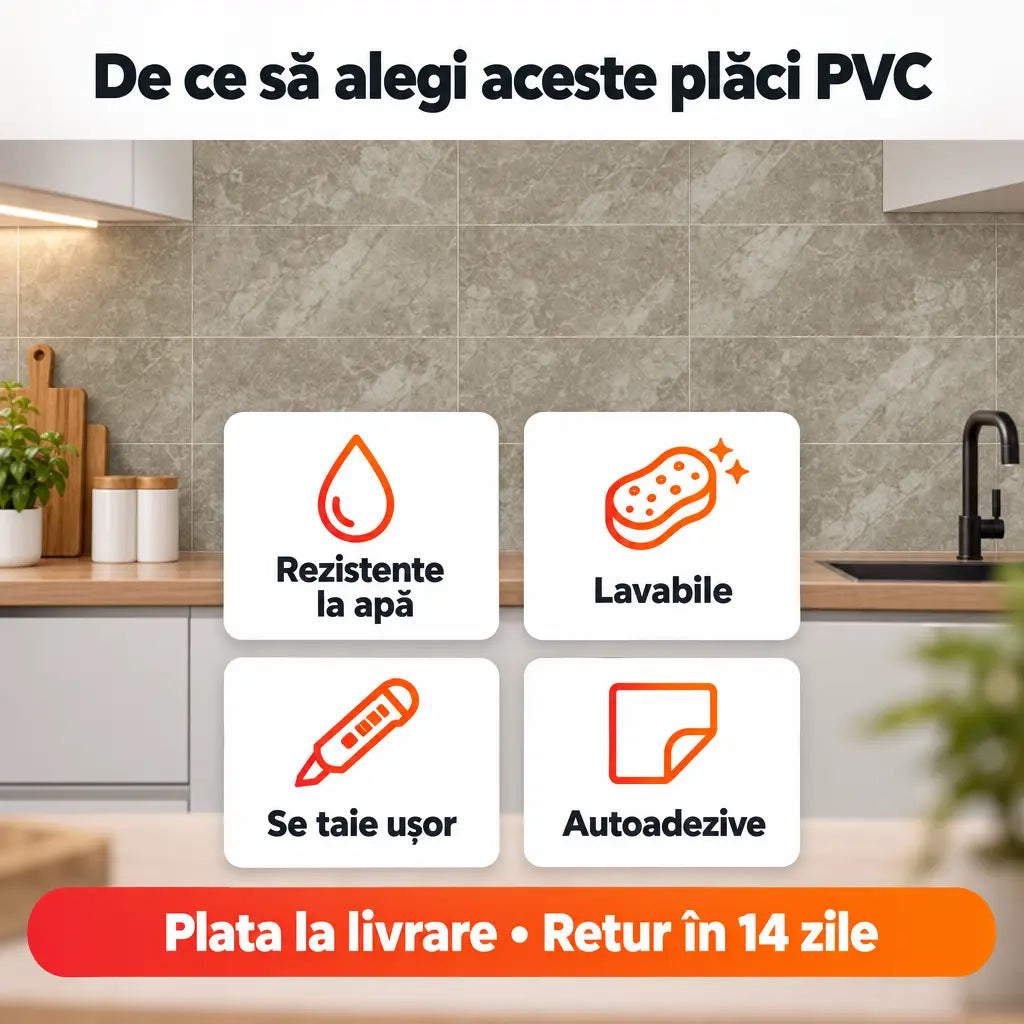 Avantaje plăci PVC: rezistente la apă, lavabile, se taie ușor, autoadezive