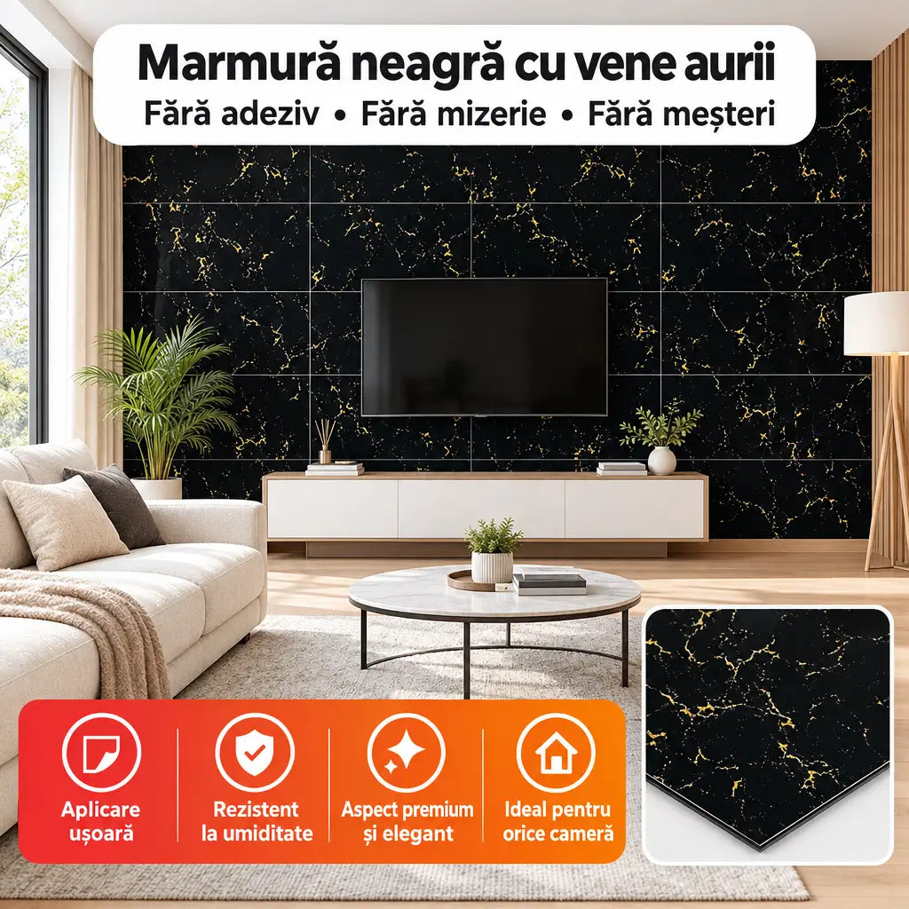 Plăci PVC autoadezive imitație marmură neagră 116-14N în living – Marmură neagră cu vene aurii