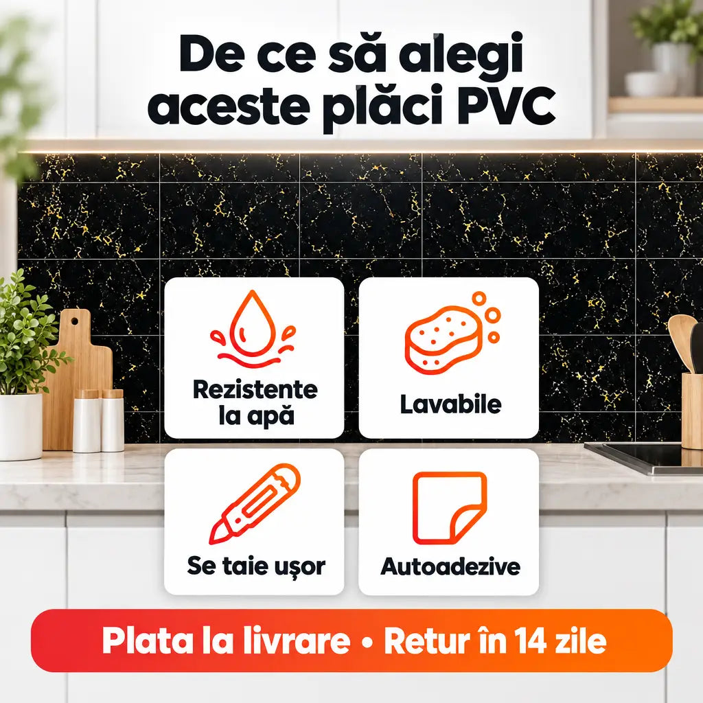 Avantaje plăci PVC: rezistente la apă, lavabile, se taie ușor, autoadezive