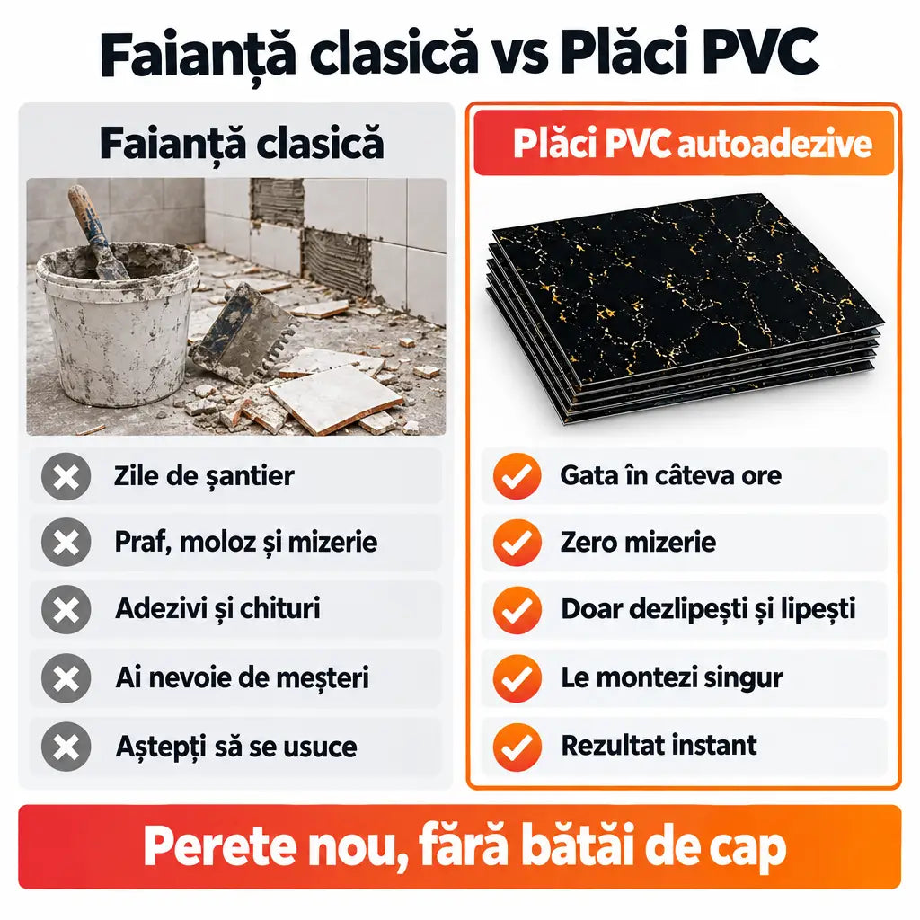 Faianță clasică vs plăci PVC autoadezive