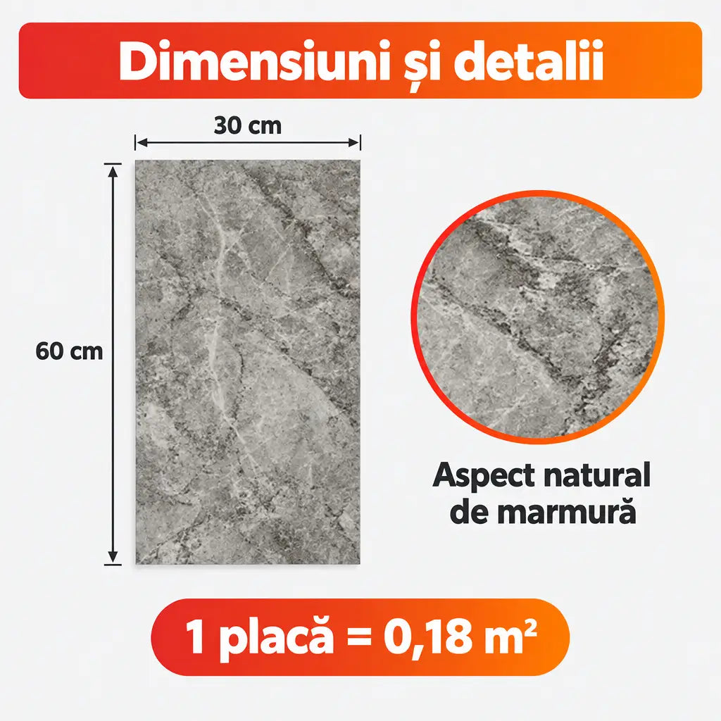 Dimensiuni placă PVC MG01: 30x60 cm, 0,18 m²