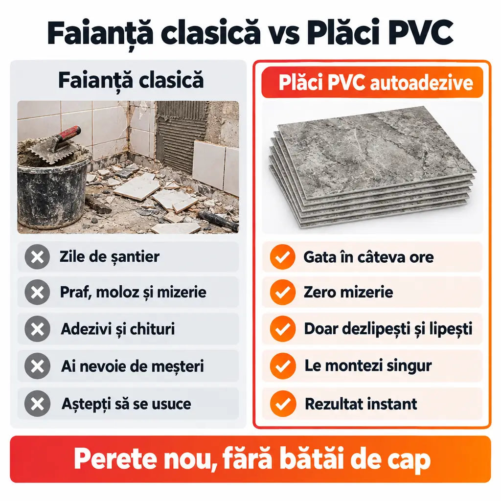 Faianță clasică vs plăci PVC autoadezive