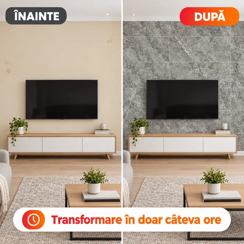 Înainte și după montajul plăcilor PVC imitație marmură MG01