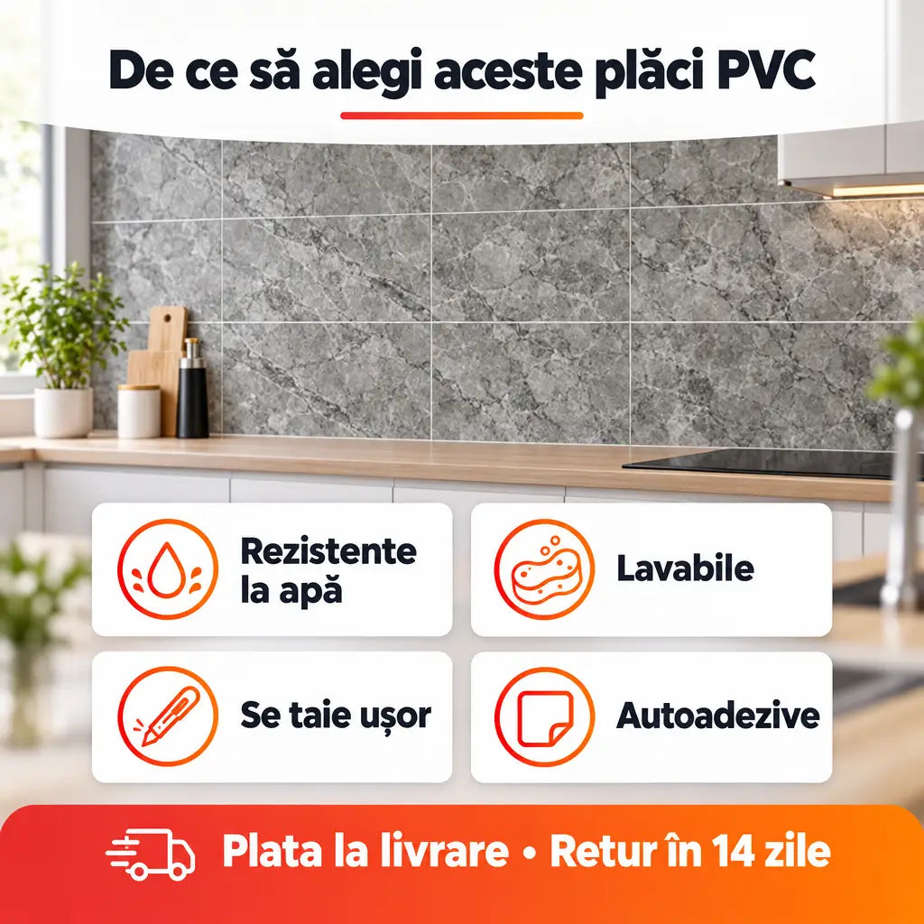 Avantaje plăci PVC: rezistente la apă, lavabile, se taie ușor, autoadezive