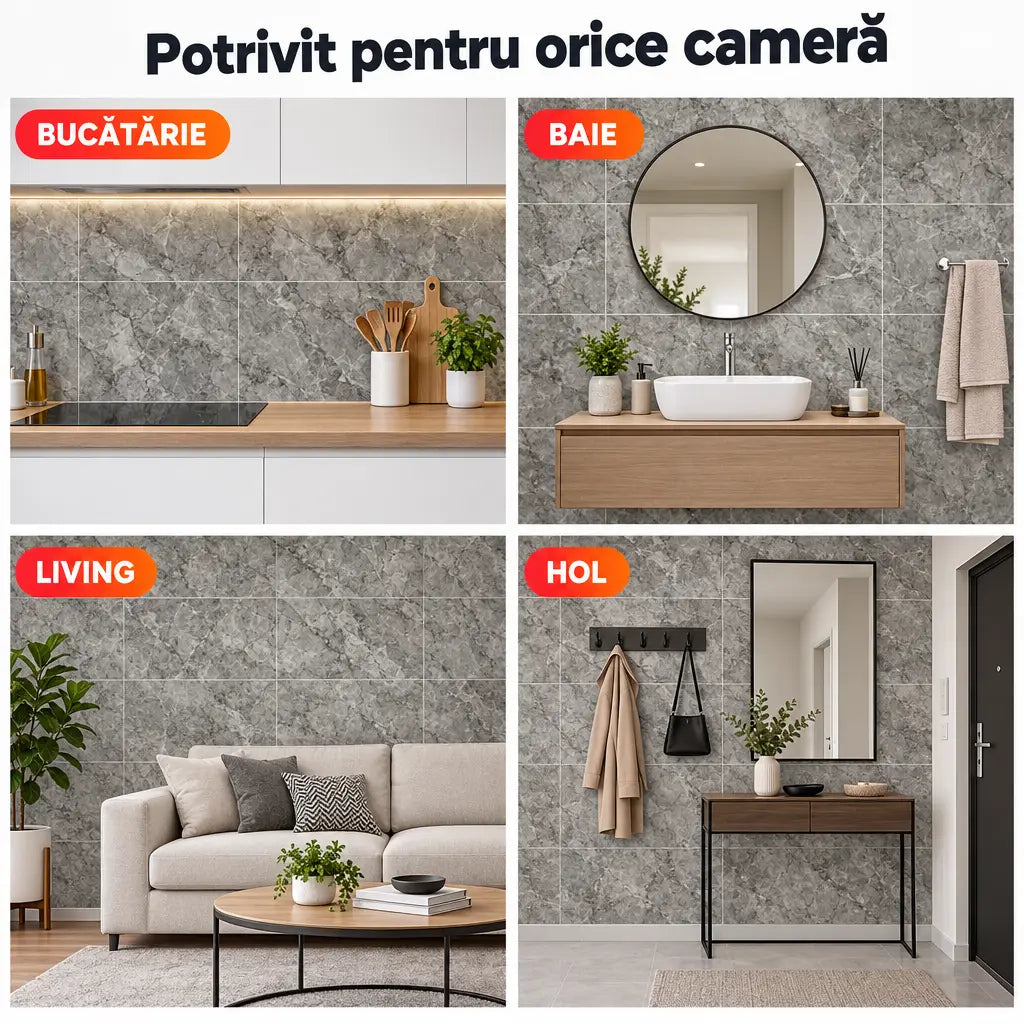 Plăci PVC imitație marmură potrivite pentru bucătărie, baie, living și hol