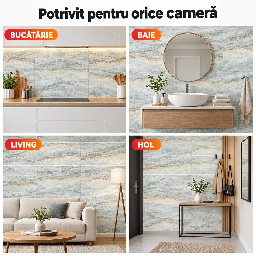 Plăci PVC imitație marmură potrivite pentru bucătărie, baie, living și hol