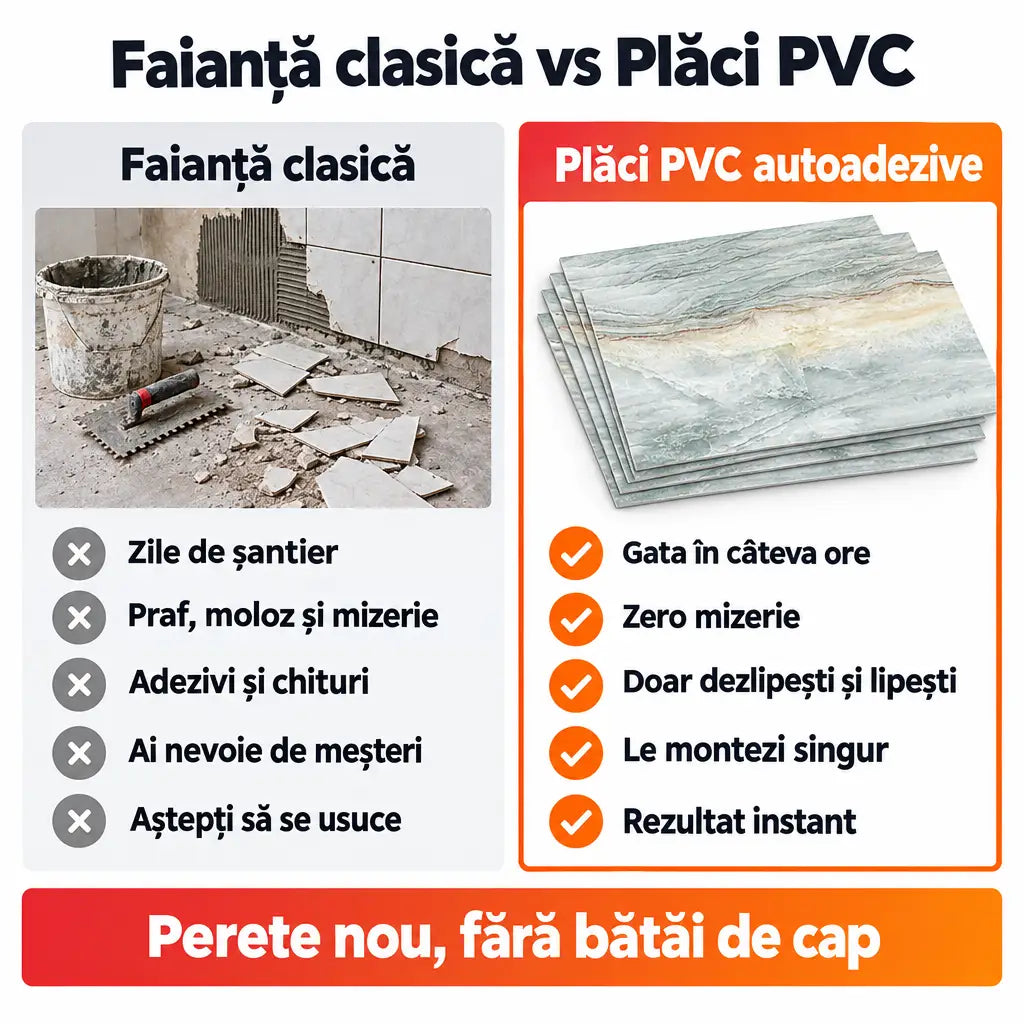 Faianță clasică vs plăci PVC autoadezive