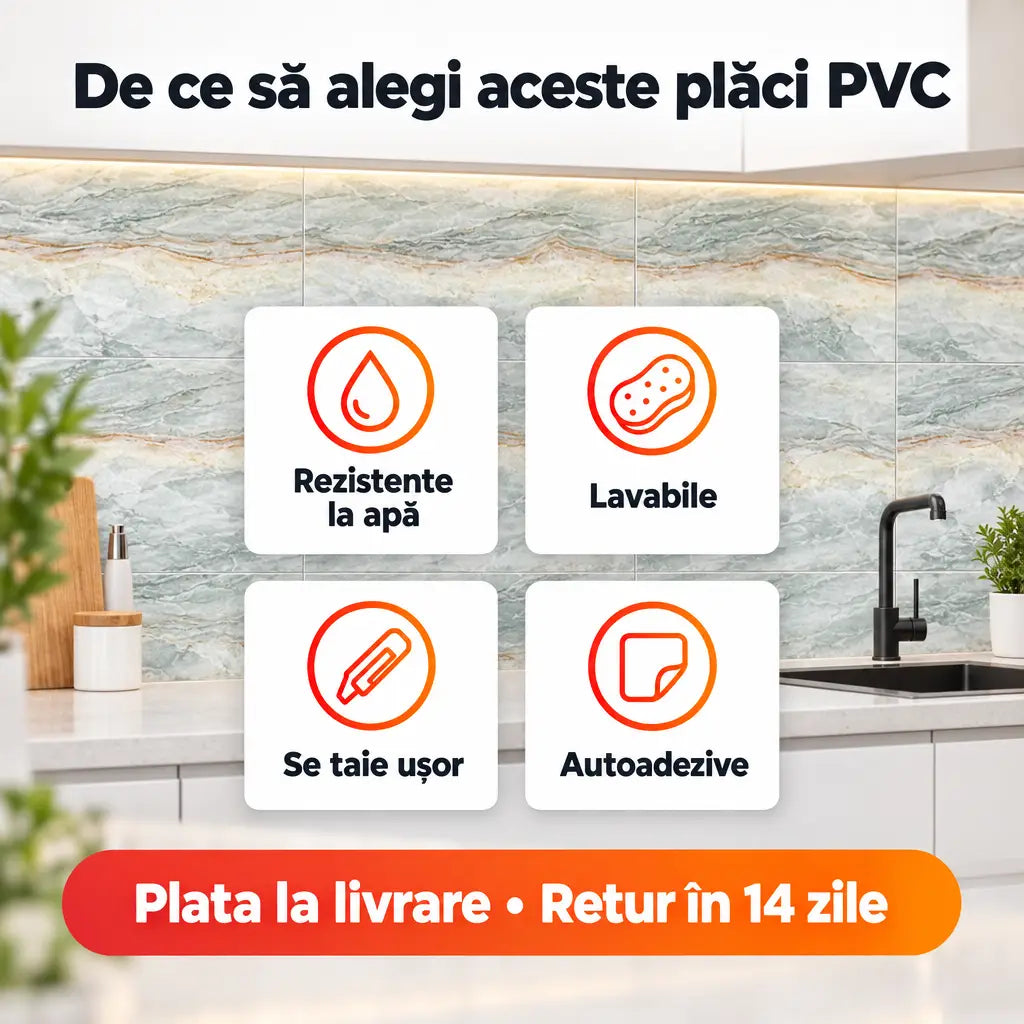 Avantaje plăci PVC: rezistente la apă, lavabile, se taie ușor, autoadezive
