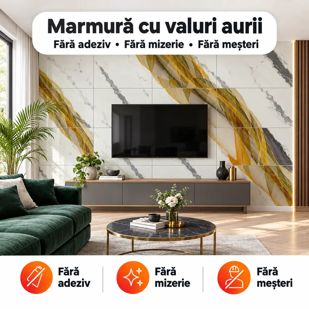 Plăci PVC autoadezive imitație marmură 116-14G în living – Marmură cu valuri aurii