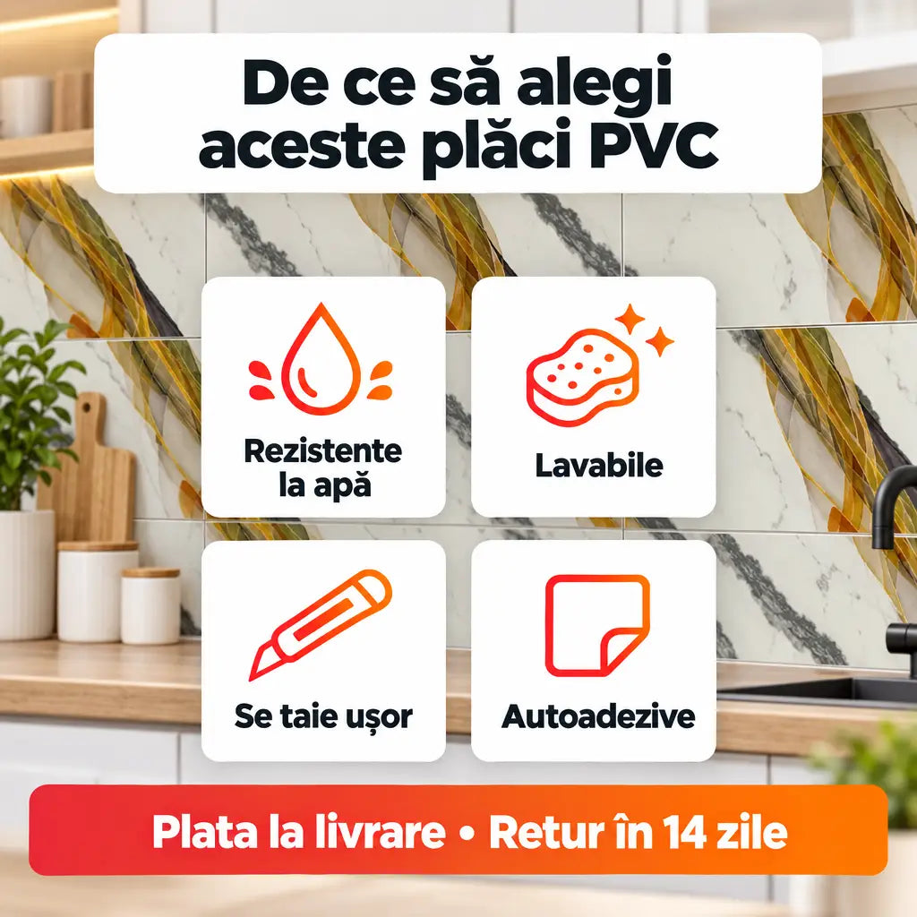 Avantaje plăci PVC: rezistente la apă, lavabile, se taie ușor, autoadezive