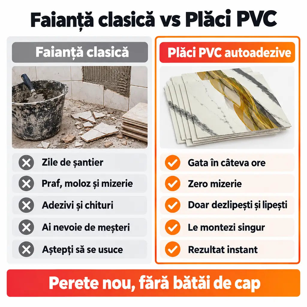 Faianță clasică vs plăci PVC autoadezive