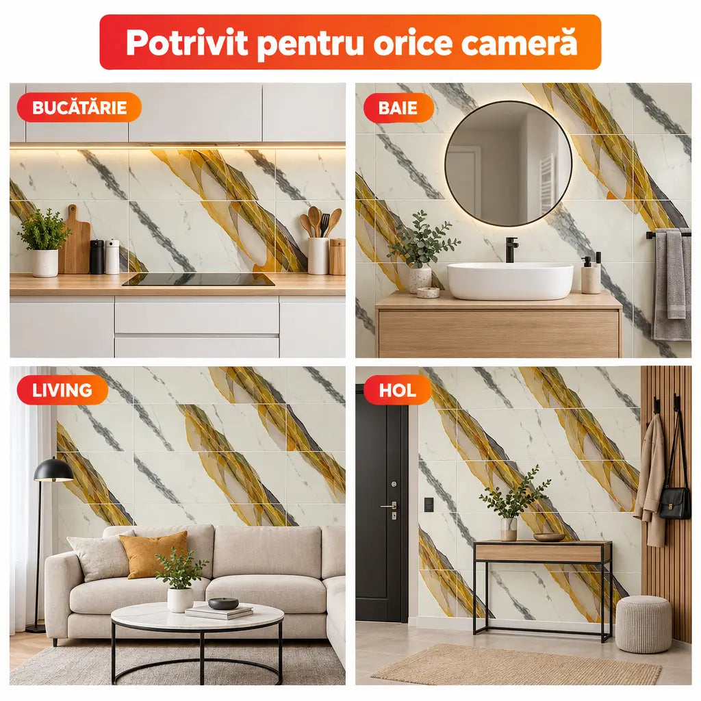 Plăci PVC imitație marmură potrivite pentru bucătărie, baie, living și hol