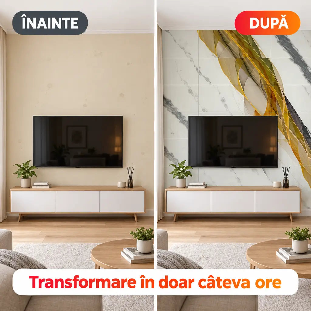 Înainte și după montajul plăcilor PVC imitație marmură 116-14G