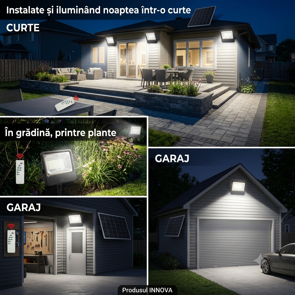 Proiector LED Solar INNOVA Cyborg 800W – Smart Home, IP67, Panou Solar 35×35 cm + Telecomandă