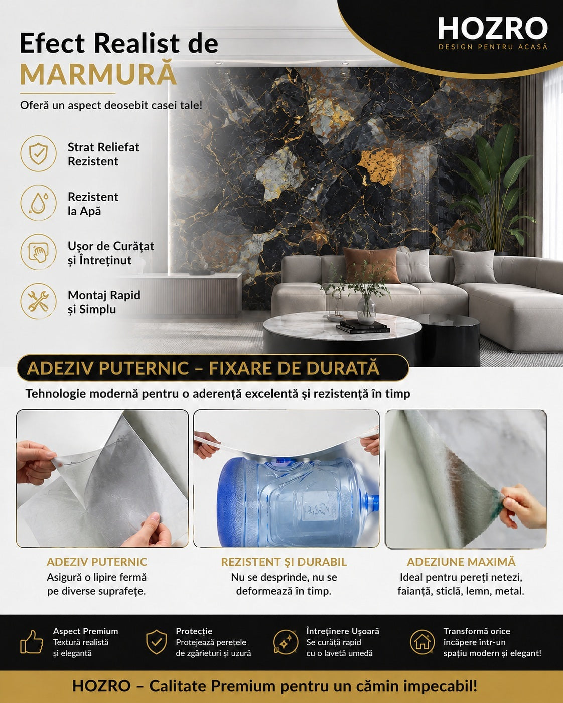 Tapet Autocolant 3D Imitație Marmură Negru – imagine 5
