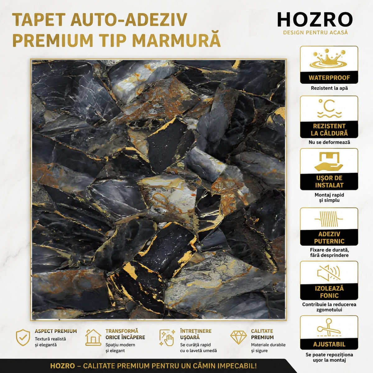 Tapet Autocolant 3D Imitație Marmură Negru – imagine 6