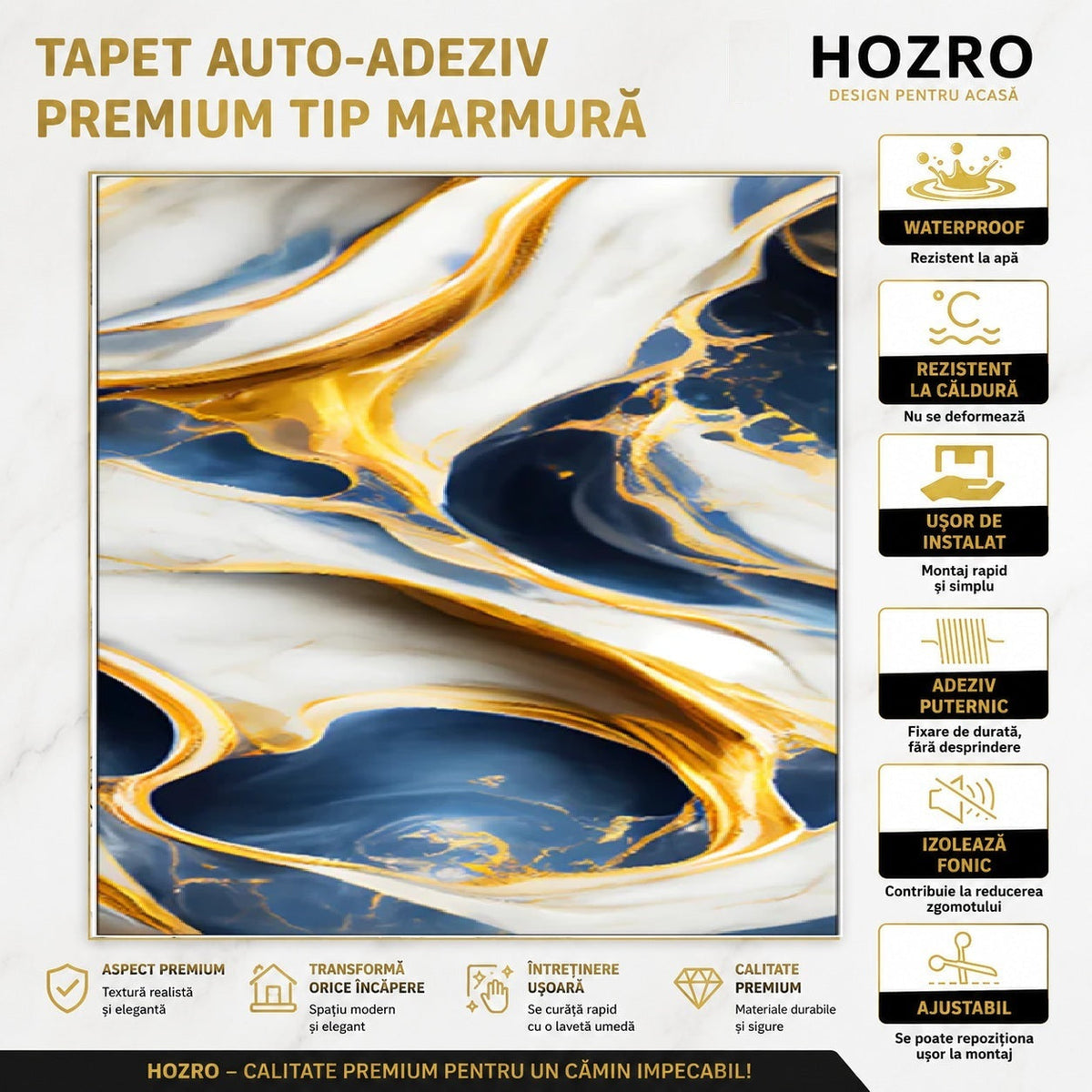 Tapet Autocolant 3D Imitație Marmură Albastru/Auriu – imagine 6